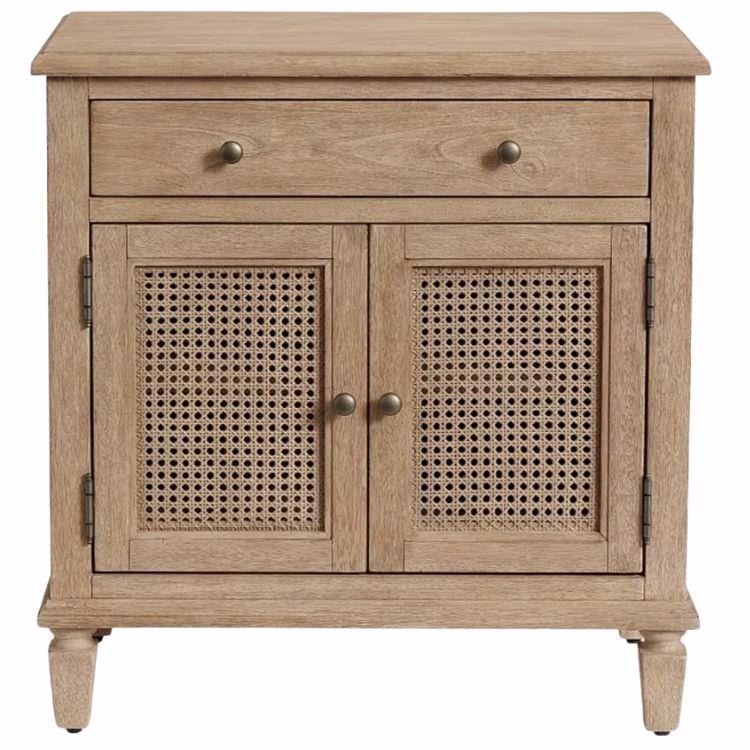 light wood nightstand with top drawer and cane cabinet drawers under