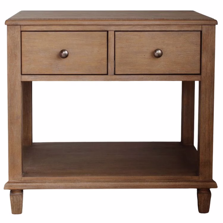 light wood nightstand with two drawers and open lower shelf pottery barn nightstand dupe