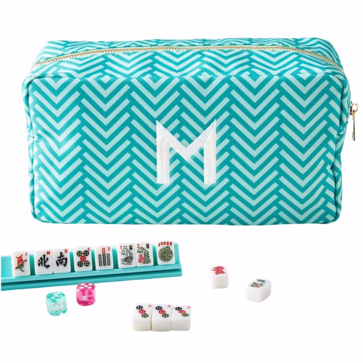 mini personalized mahjong travel set with chevron pouch