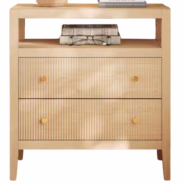 modern nightstand with two drawers and an open shelf