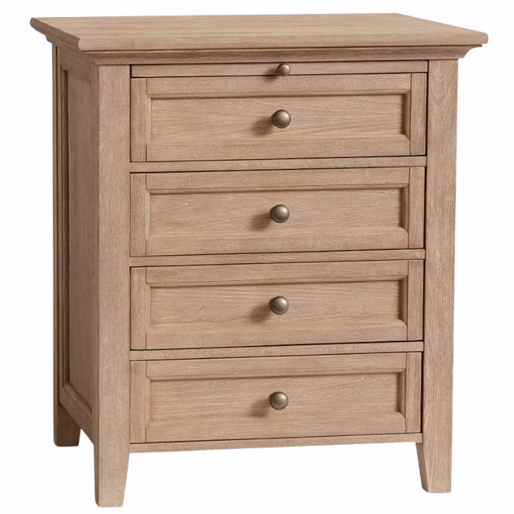 nightsand with four drawers in a light wood