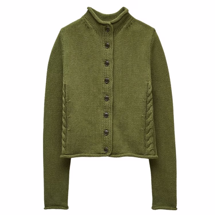 olive green button up cable knit cardigan