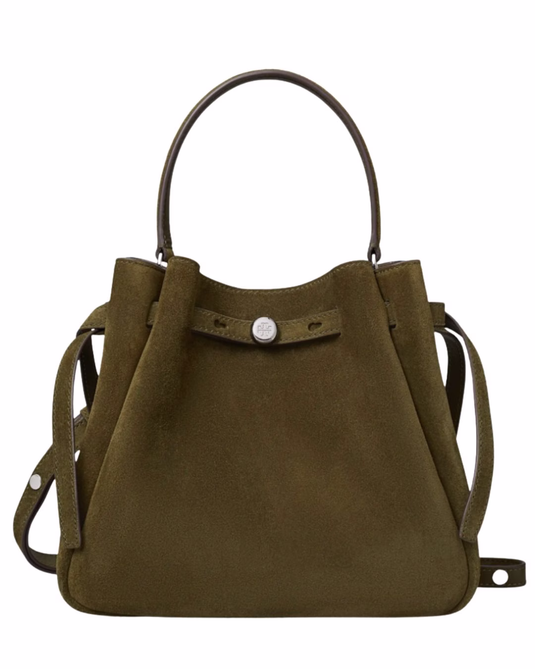 olive green suede bucket bag