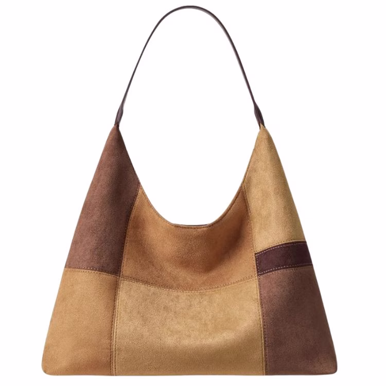 patchwork brown faux suede hobo bag