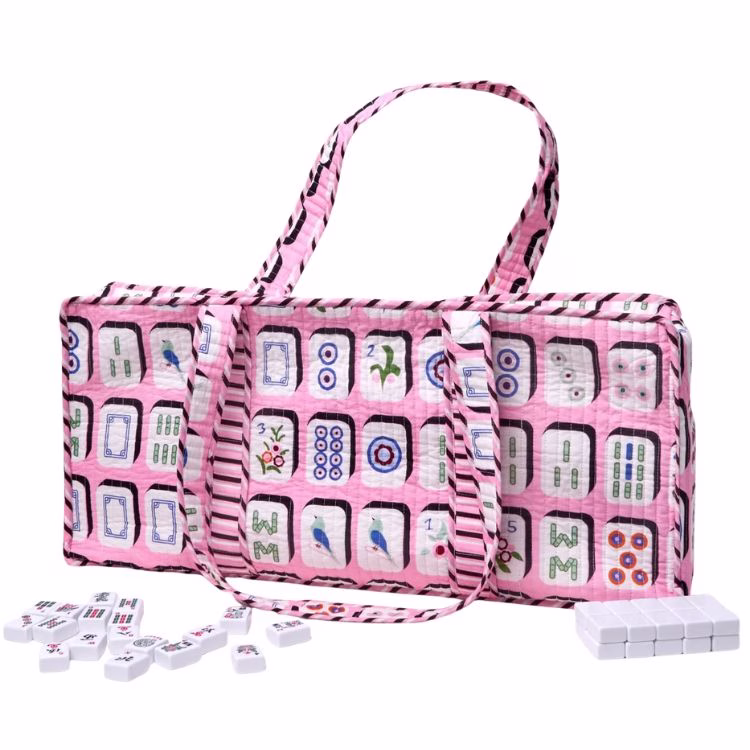 pink quilted rectangle bag with mahjong tiles