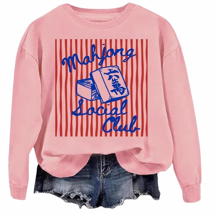pink sweatshirt that says mahjon social club with red stripes