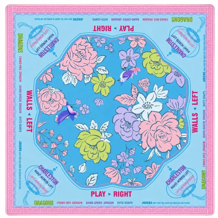 pretty floral mahjong mat with blue background and pink edge