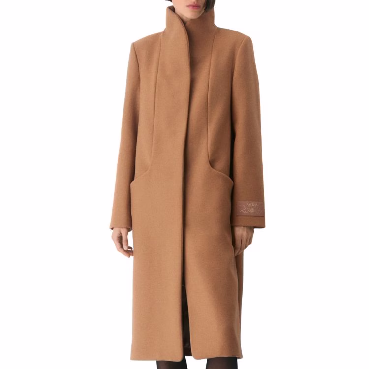tan cashmere mid length funnel neck coat