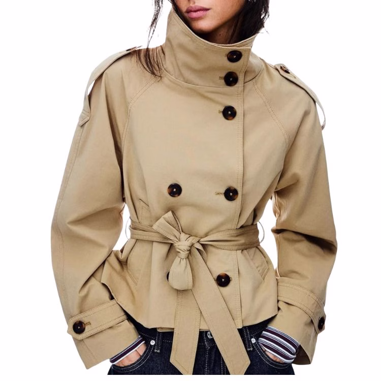 tan funnel neck cropped jacket with a belt