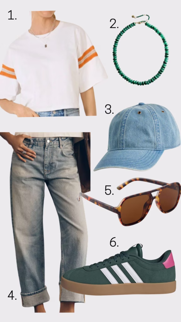 warmer weather tailgate outfit for women over 40 featuring specific pieces