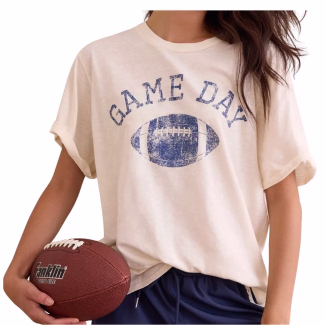 white tee with game day lettering and football underneath