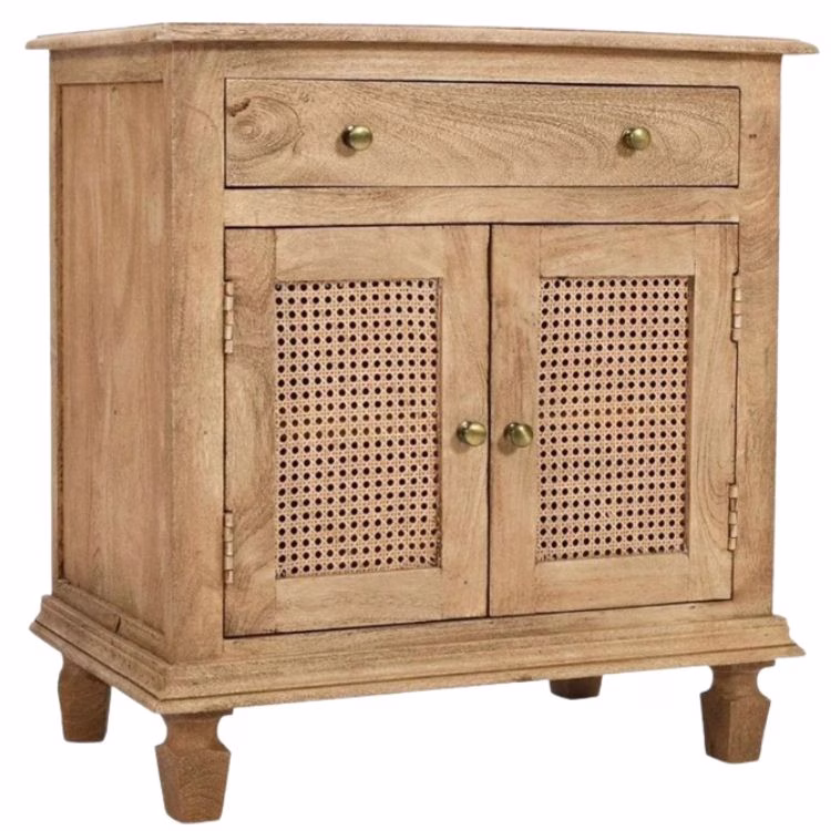 wood nightstand with one drawer and cane doors