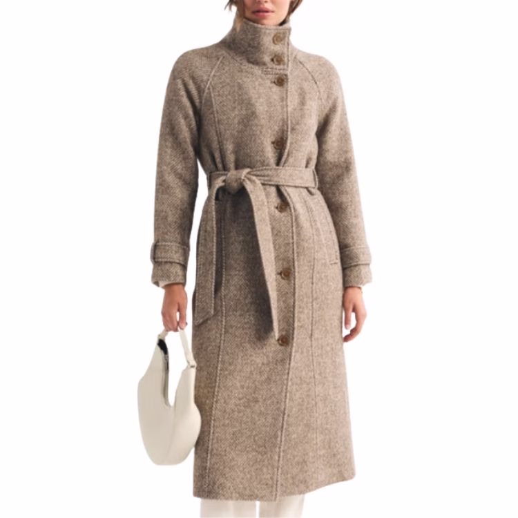 wool blend belted funnel neck trench with buttons