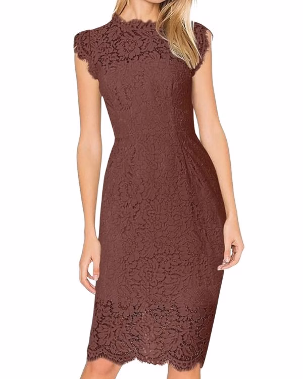 Brown Lace knee length high collar wedding guest dress