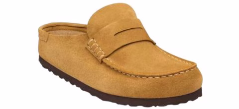 birkenstock naples clog in a mustard yellow suede