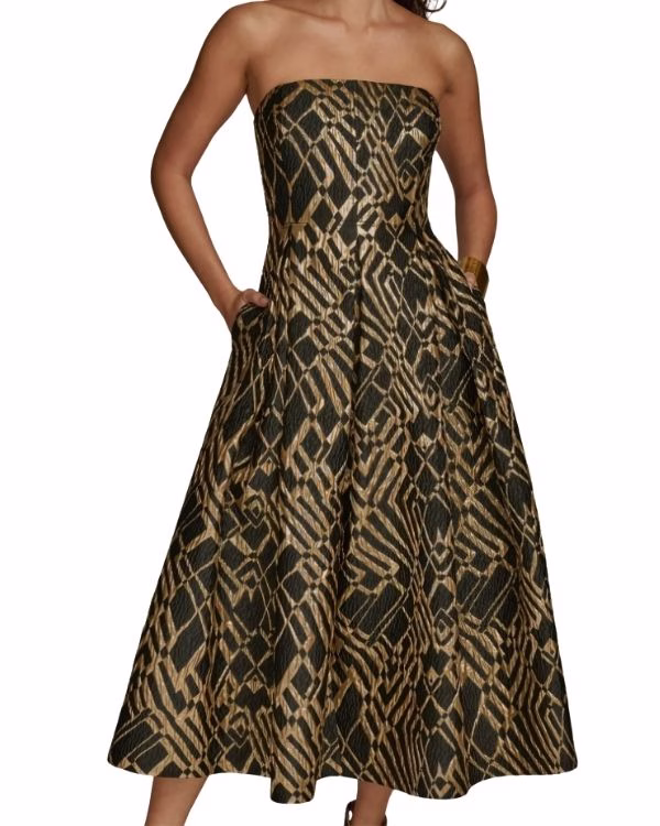 black and gold strapless fit and flare wedding guest dress