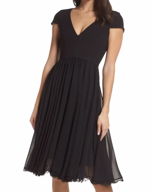 black cap sleeve mid length wedding guest dress for women over 40