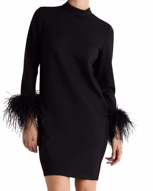 black feather trim mini dress