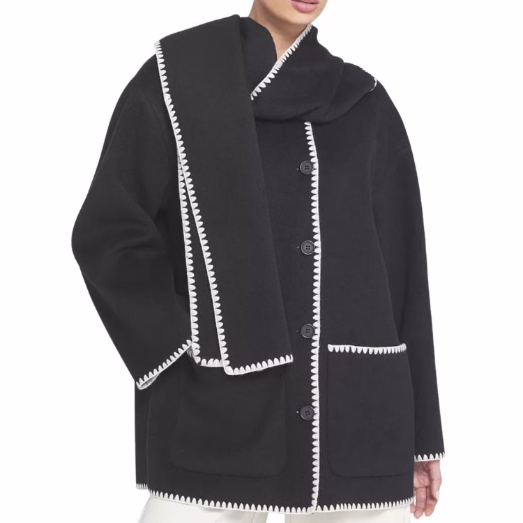 black scarf coat with white trim