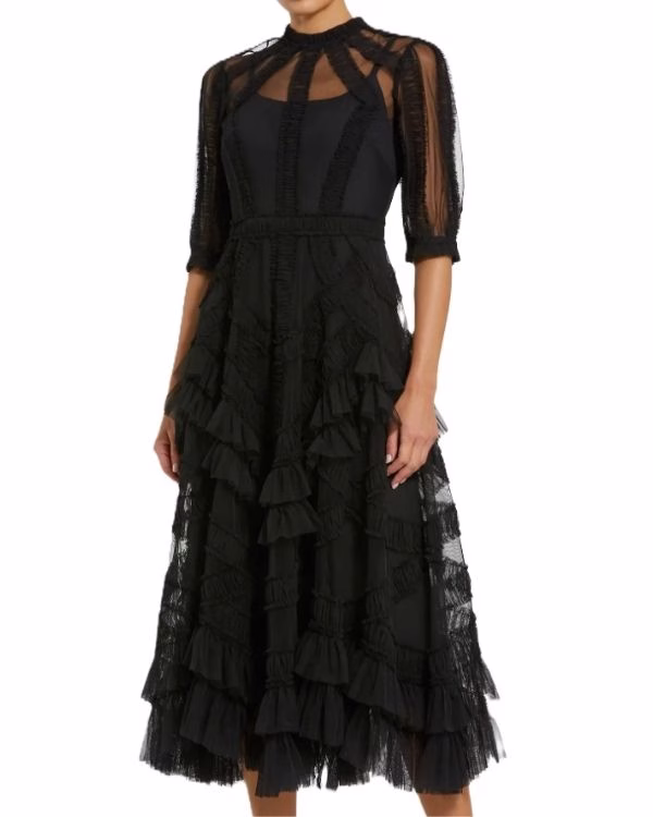 black toile midi wedding guest dress for women over 40