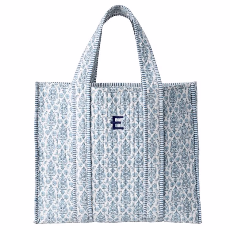 block print tote bag with initial embroidered