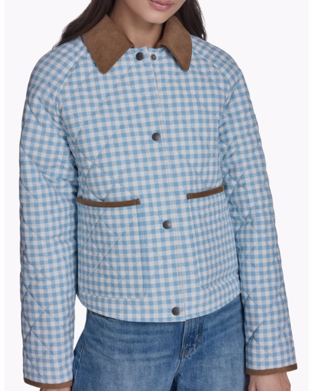 blue and white gingham barn coat with tan detailing