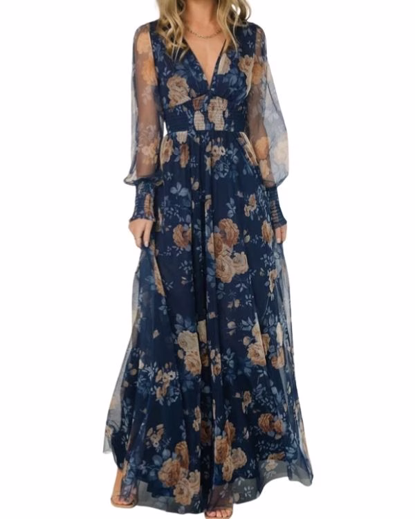 blue floral chiffon maxi wedding guest dress