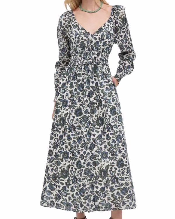 blue floral patterned long sleeve wedding guest dress