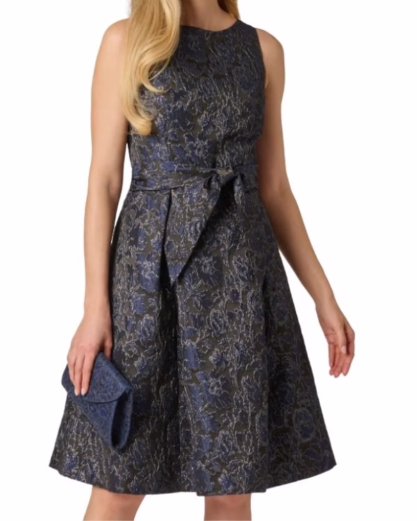 blue knee length wedding guest dress with bow waist