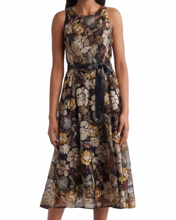 brown and black sleeveless wedding guest dress with bow waist