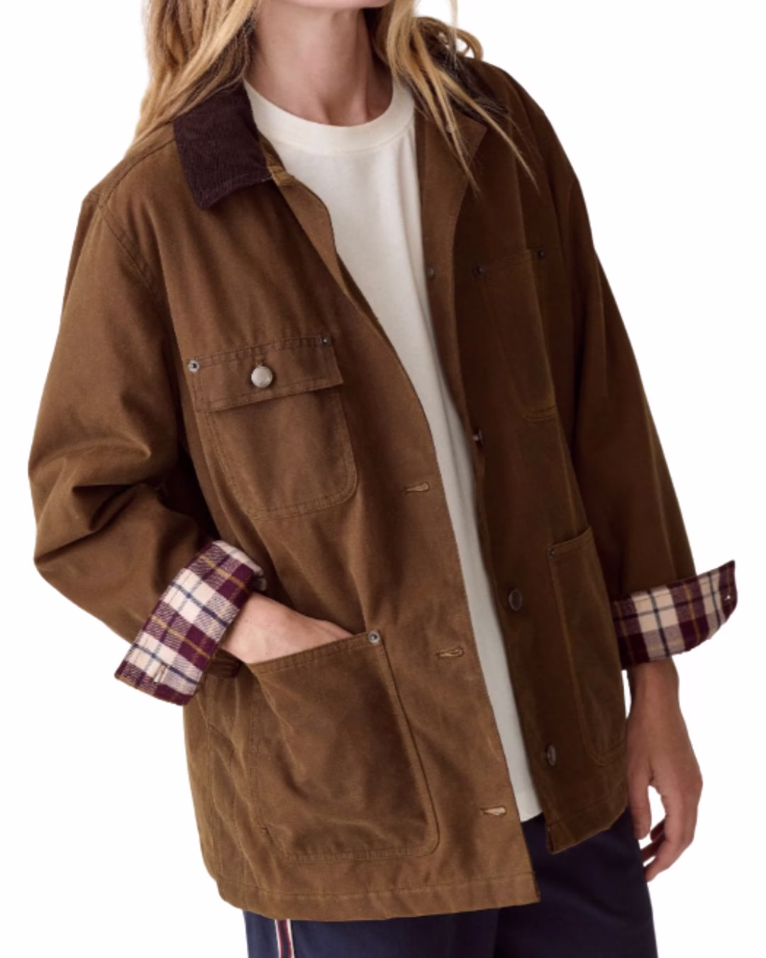 brown barn jacket wtih black collar and flannel cuffs