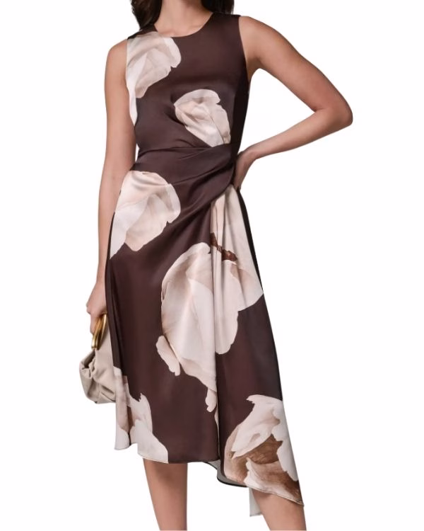 brown bias cut silk wedding guest dress with white flowers