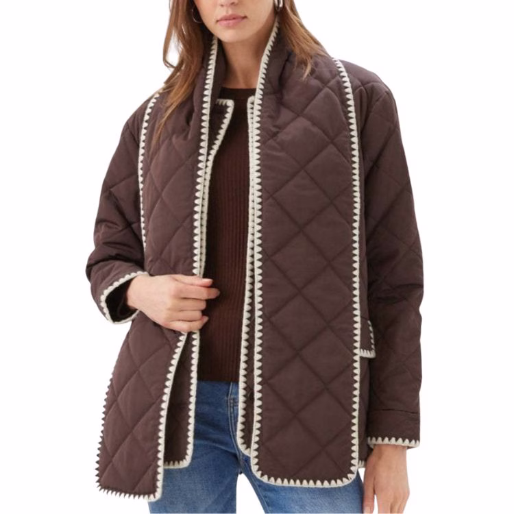 brown quilted scarf coat wtih white trim