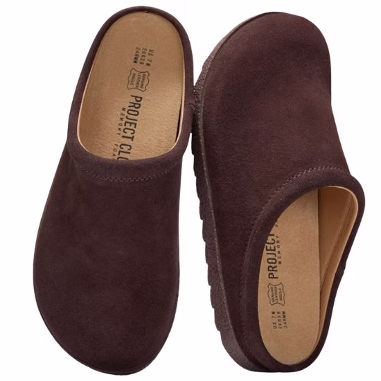brown suede round toe mule clogs