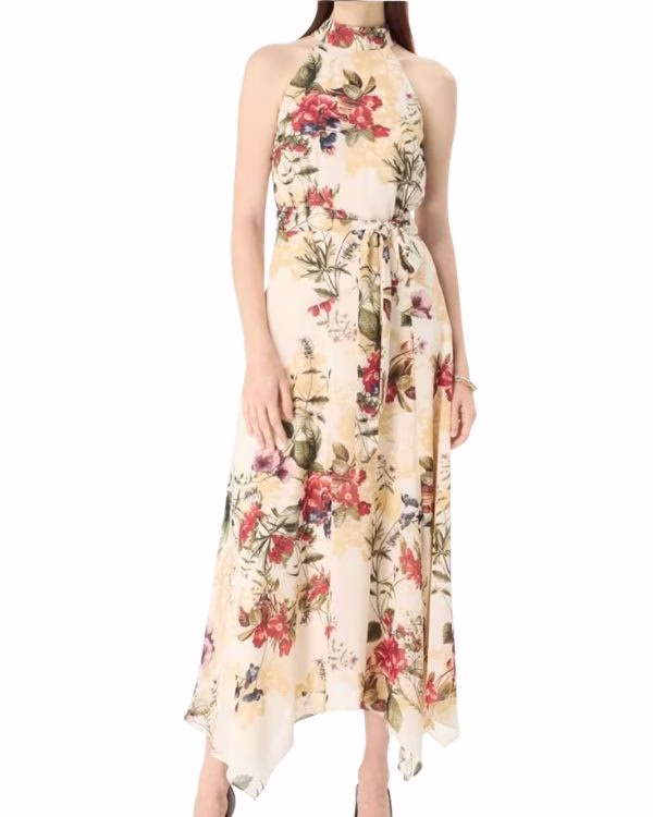 cream dress with harvest florals and high neck