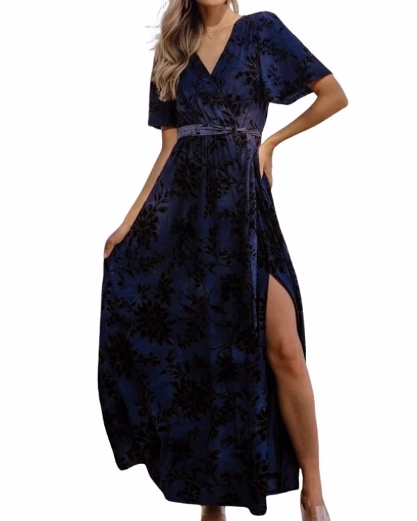 dark blue maxi dress with velvet details wedding guest dress for women over 40