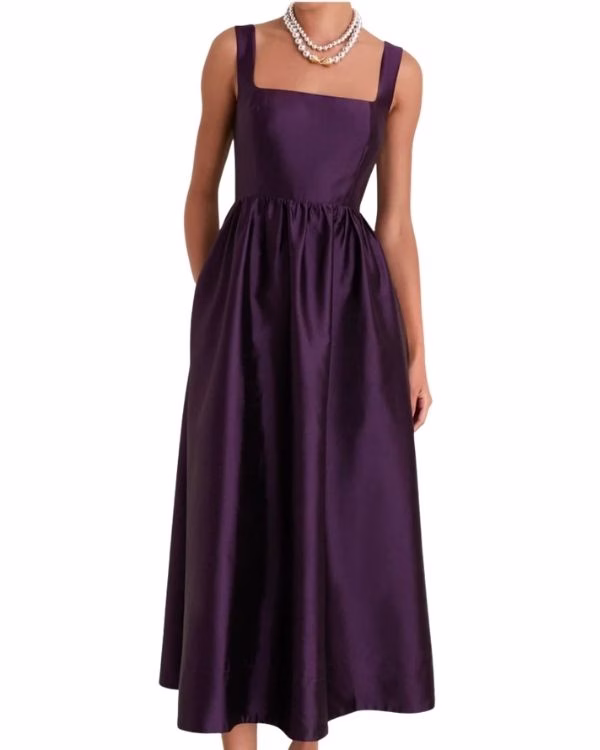 eggplant sleeveless satin maxi wedding guest dress