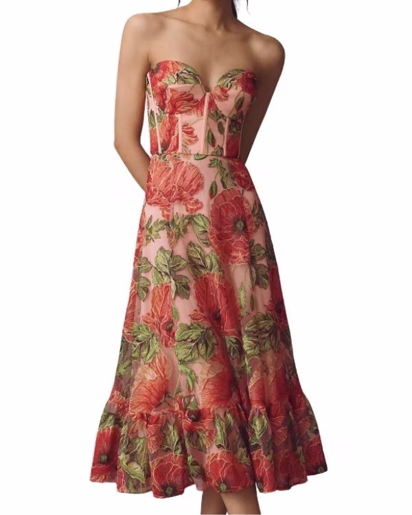floral midi strapless wedding guest dress