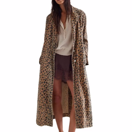 free people denim duster long coat in leopard print