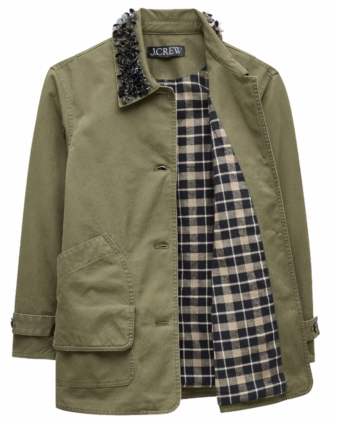 green barn jacket with embellished collar and plaid lining