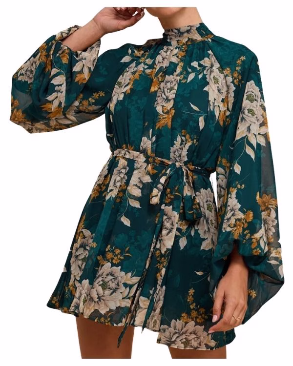 green belted floral chiffon mini dress