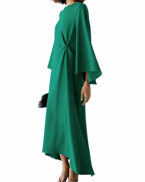 green bias cut long sleeve wedding guest dress