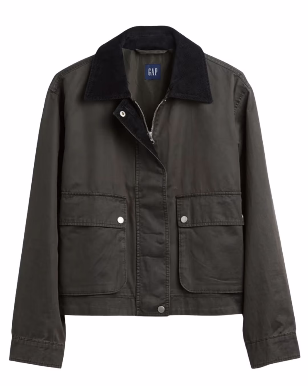 green canvas cropped barn coat with black collar
