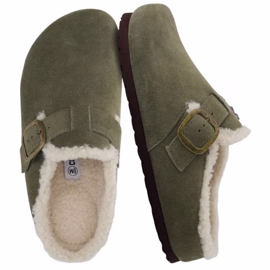 green leather clogs with shearling lining