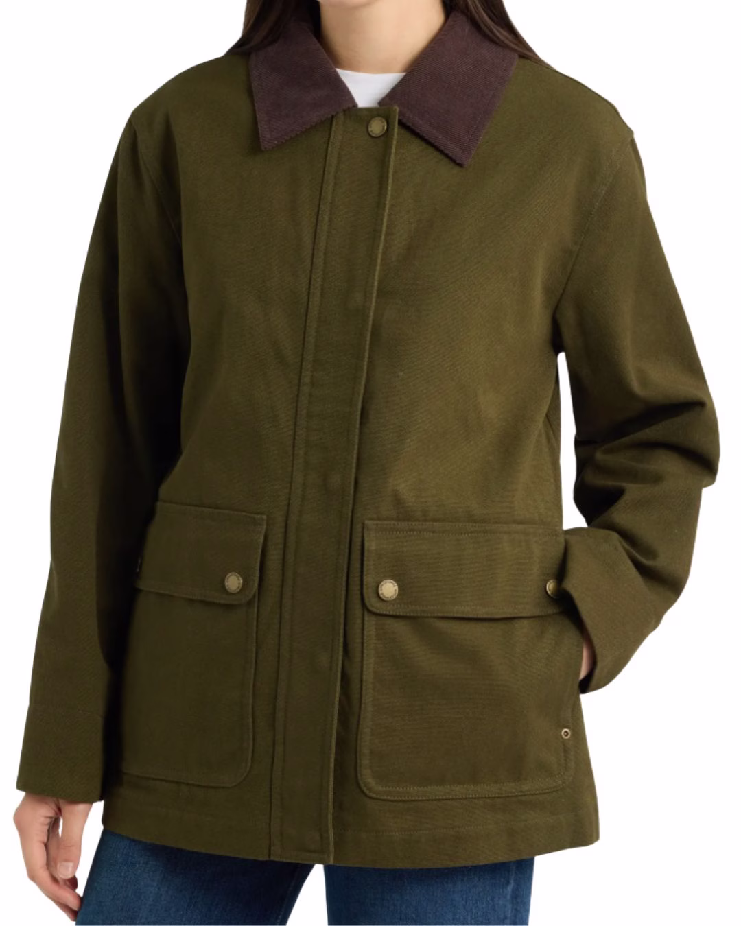 green mid length barn jacket with brown collar