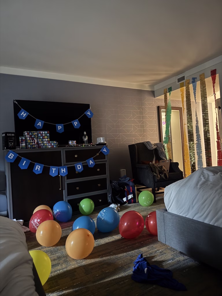 hotel room decorated for a birthday