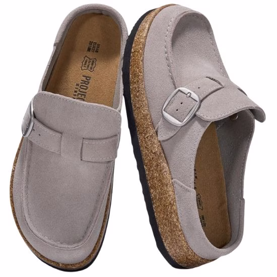 light gray suede mule clog that looks like the Birkenstock Buckley