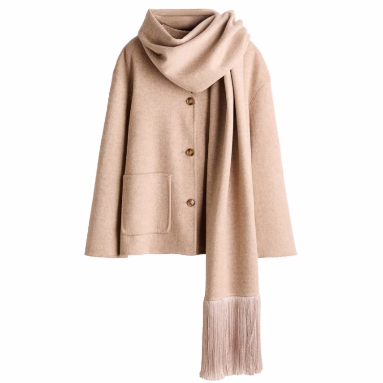 light tan wool blend short scarf coat with fringe