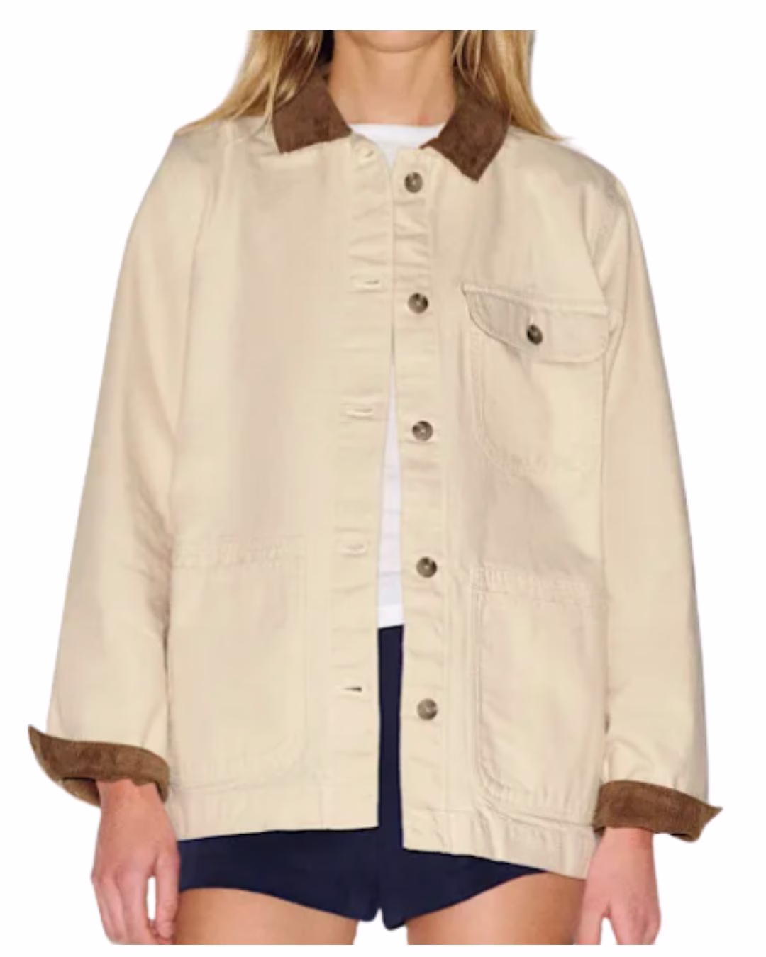 patagonia cream barn coat with brown corduroy collar and cuffs