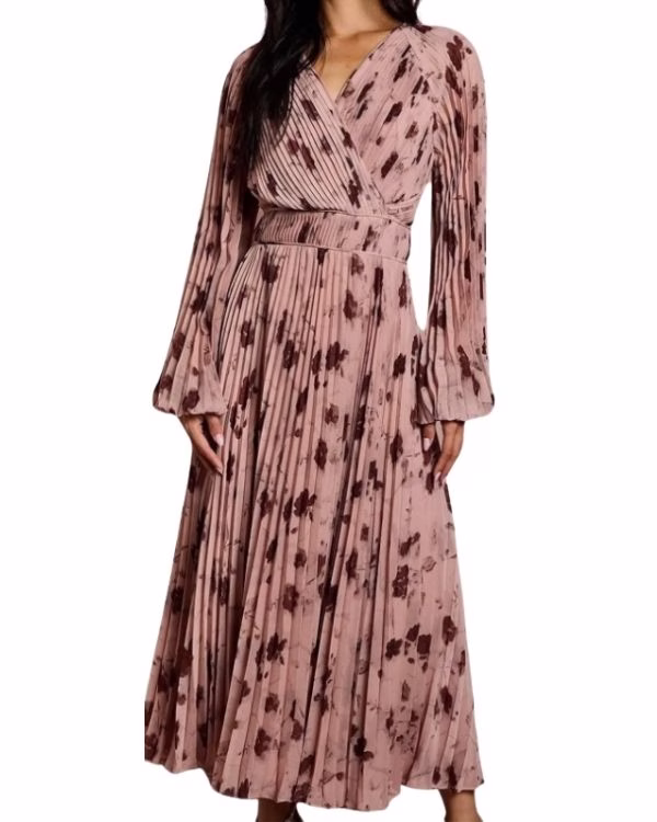 pink long sleeve chiffon wedding guest dress with purple flowers
